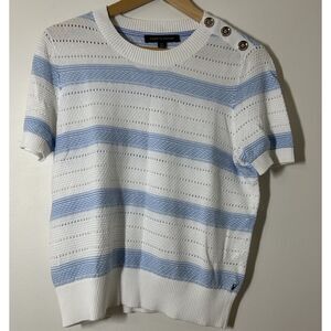 Tommy Hilfiger 100% Cotton Blue and White Striped Crewneck Short Sleeve Sweater